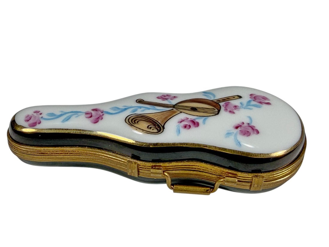 Limoges Violin Case Trinket Box LE Jacques France: Hand-painted Limoges porcelain trinket box modeled as a violin case with floral decoration on the lid. Includes a removable miniature violin inside. Marked Peint Main, Limited Edition No. 22/500, Jacq