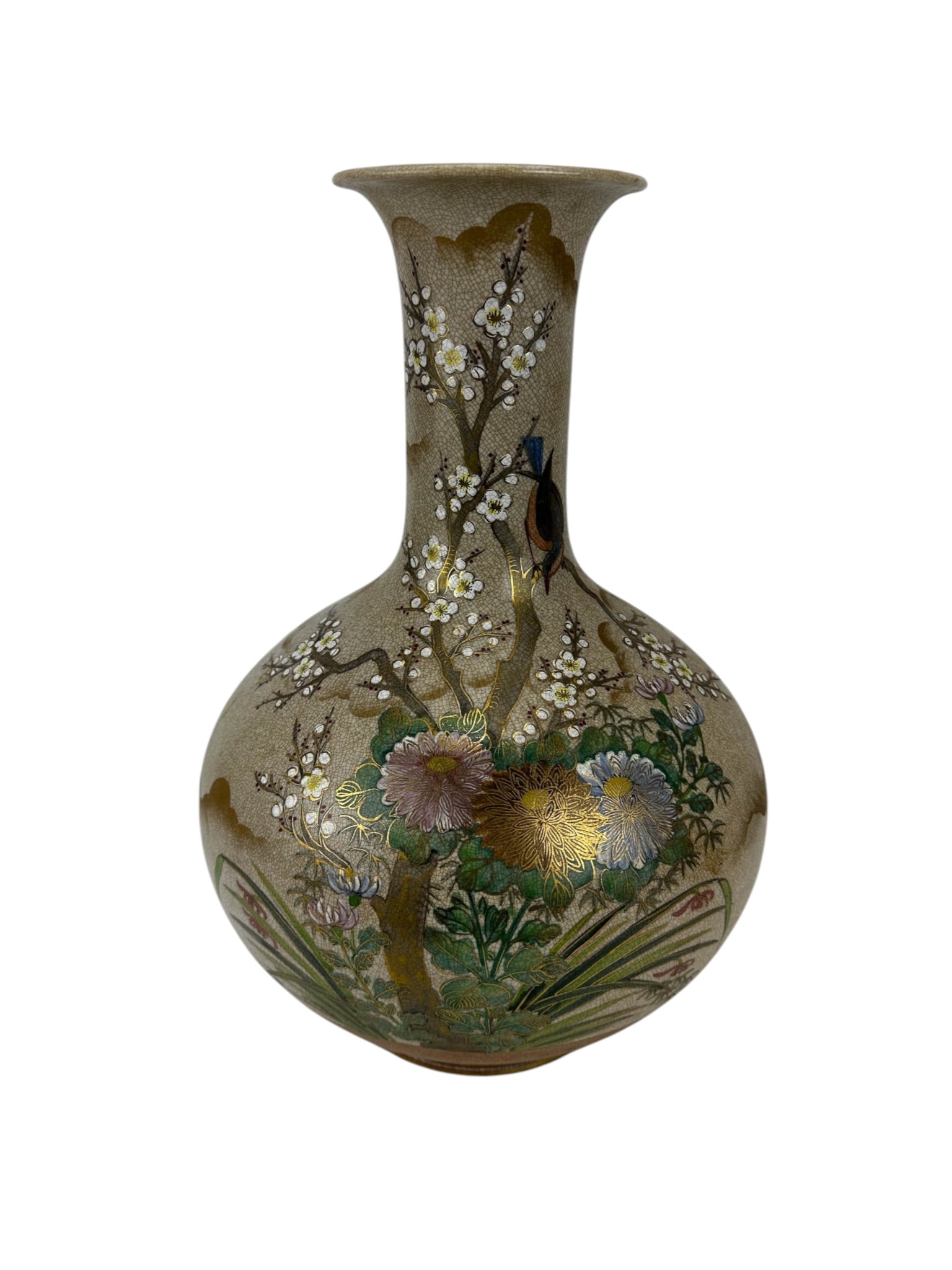 Japanese Satsuma Floral Bird Porcelain Bottle Vase (1 of 6)
