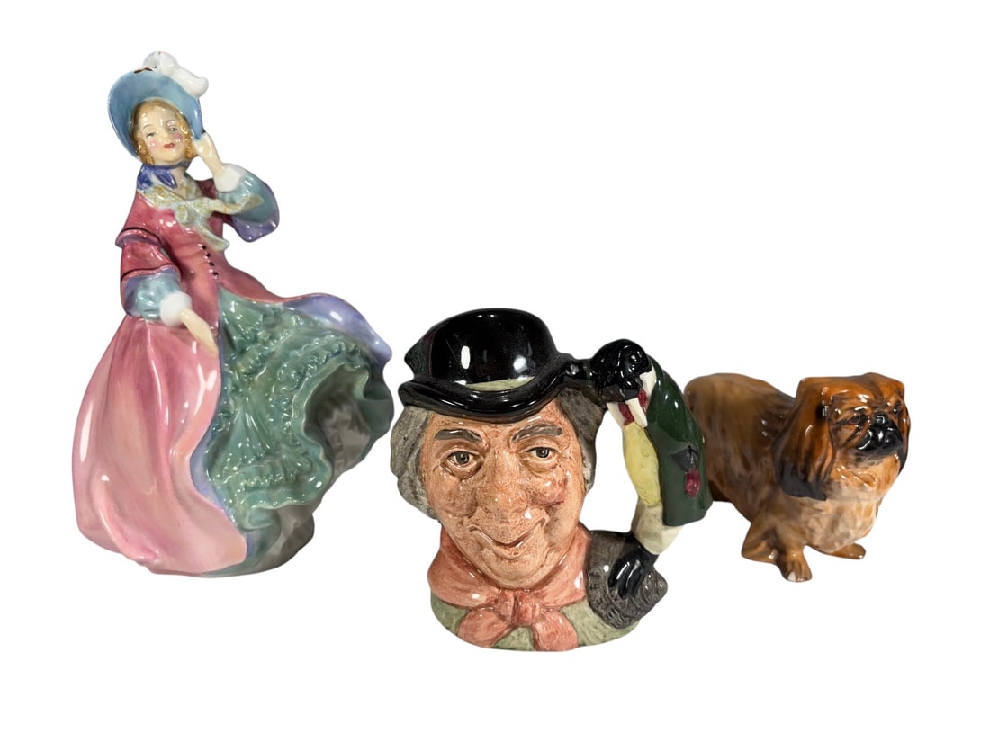 Royal Doulton Figurines & Character Jug 3pc LOT: Three-piece lot of Royal Doulton bone china comprising "Spring Morning" (HN1922), a Pekingese dog (HN1012), and "The Walrus & Carpenter" character jug (D6604), after the Lewis Carroll characters. The 