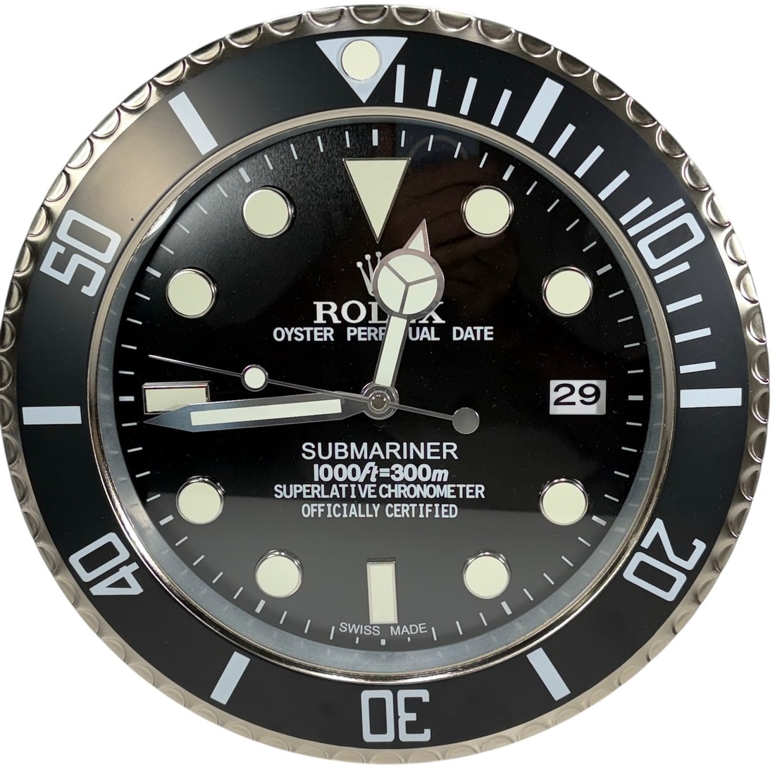 Designer Inspired Submariner Style Wall Clock: Decorative wall clock inspired by the iconic Submariner style associated with a famous luxury watch designer. Features a black dial and rotating style bezel, luminous style hour markers and hands, dat