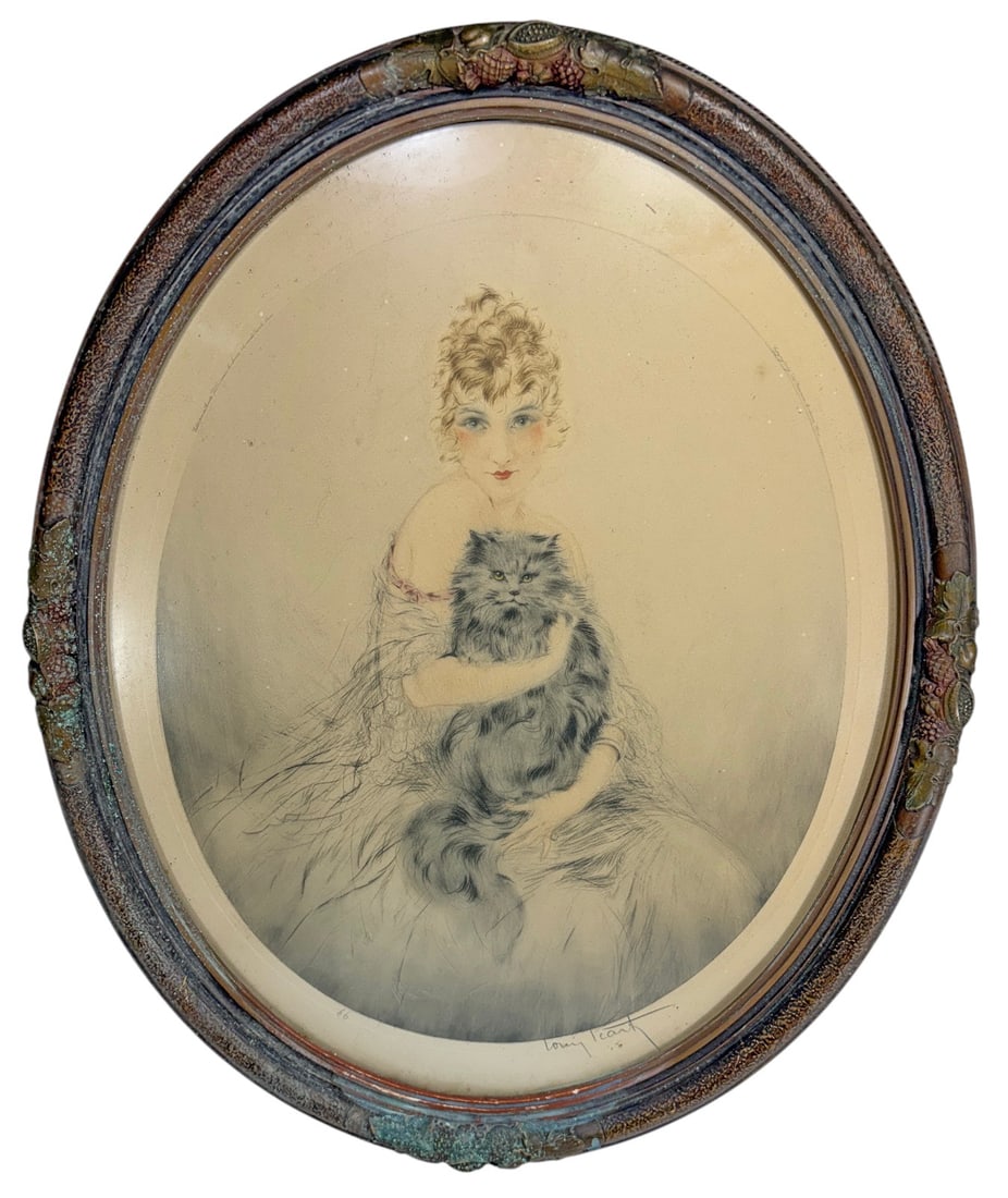 Louis Icart Art Deco Lady & Persian Cat Etching: Louis Icart Art Deco etching on paper titled Lady and Persian Cat, also referenced as Seduction, Le Faune, dated 1921. Depicts an elegant female figure with a Persian cat in Icarts characteristic Art 