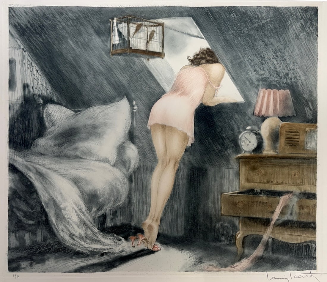 Louis Icart Signed Art Deco Color Etching on Paper: Louis Icart color etching on paper depicting an elegantly dressed woman in a pink garment leaning through an interior opening, with furnishings and a large draped form in the background. Signed in pen