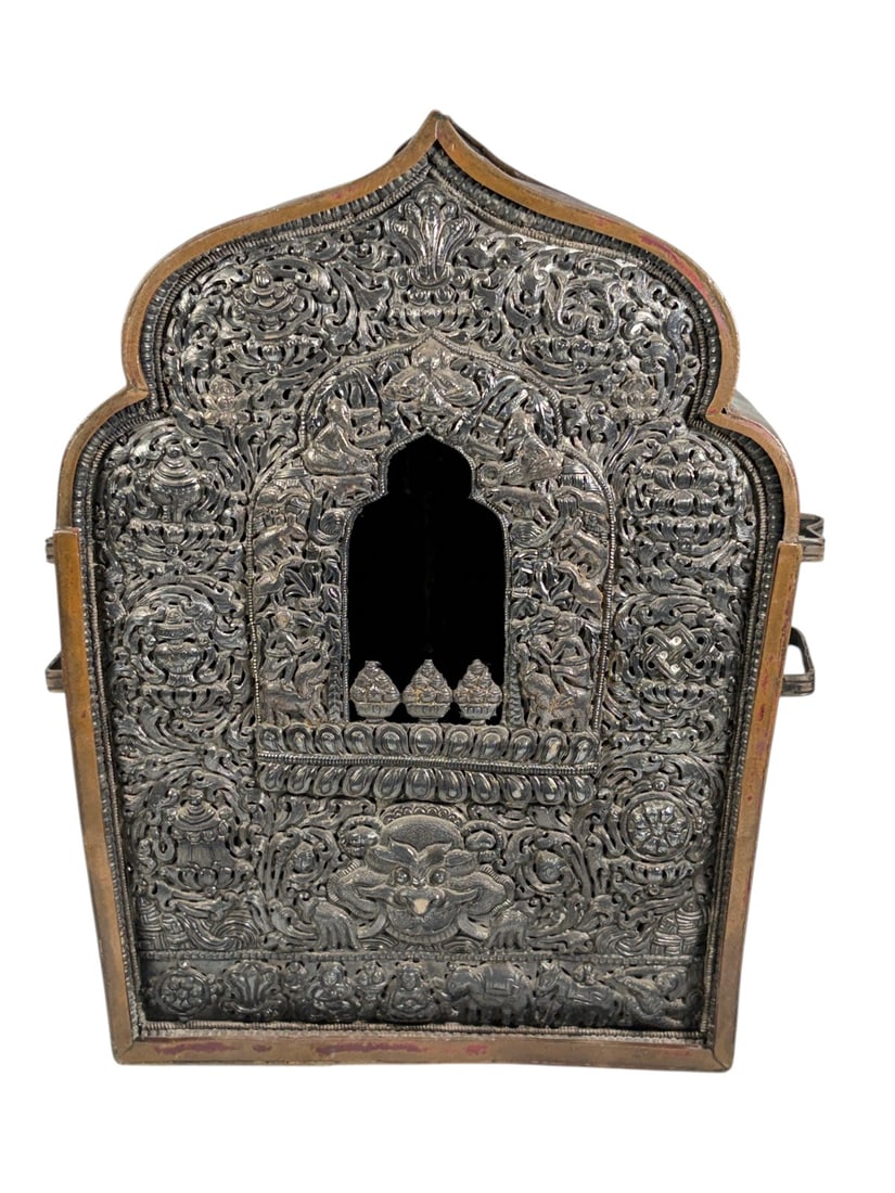 Southeast Asian Copper & Silver Portable Shrine: Southeast Asian portable shrine or reliquary, likely Burmese or Thai, constructed with a copper or brass body and an elaborate repousse metal front. The architectural form features a pointed arched to
