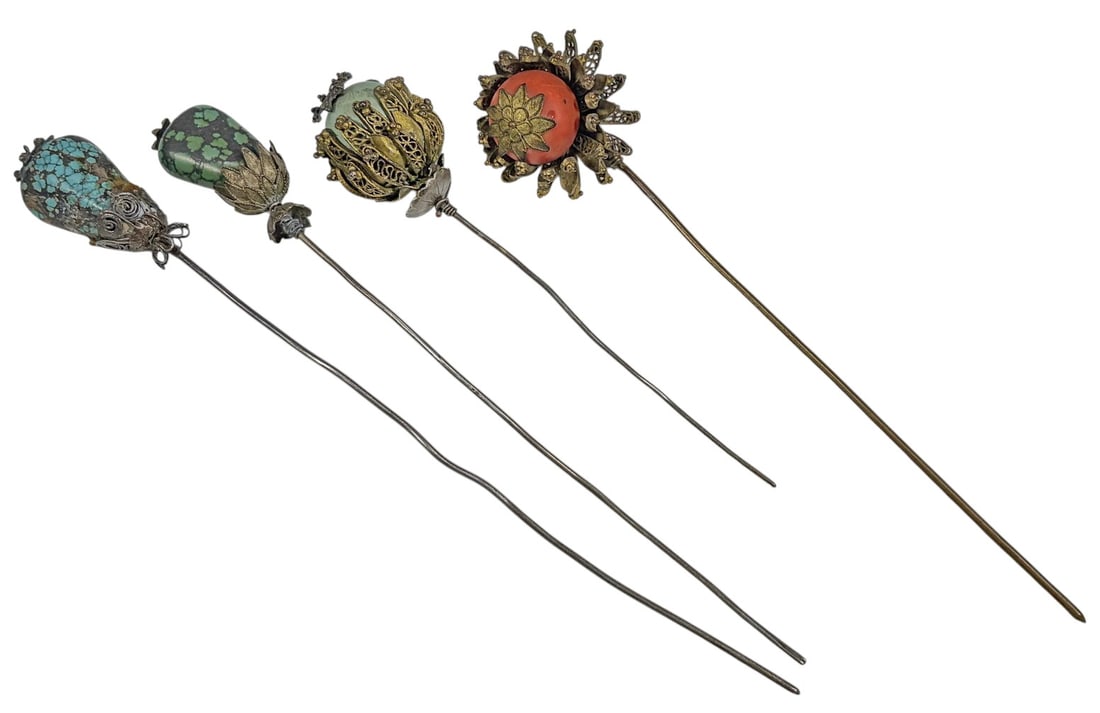 Asian Tribal Silver & Stone Hair Ornaments 4pc LOT: A set of four traditional elongated hair ornaments or ceremonial pins, each featuring decorative metalwork and large stone-set terminals. The group includes examples with turquoise-colored and coral-c