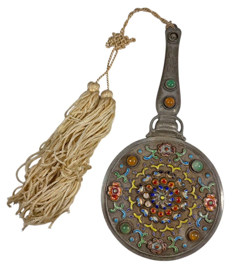 Chinese Silver Enamel Cabochon Hand Mirror c. 1930 (1 of 5)