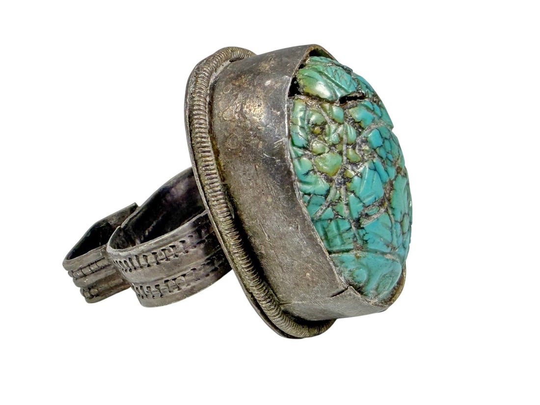 Chinese Silver Carved Turquoise Cabochon Ring 50 g (1 of 4)