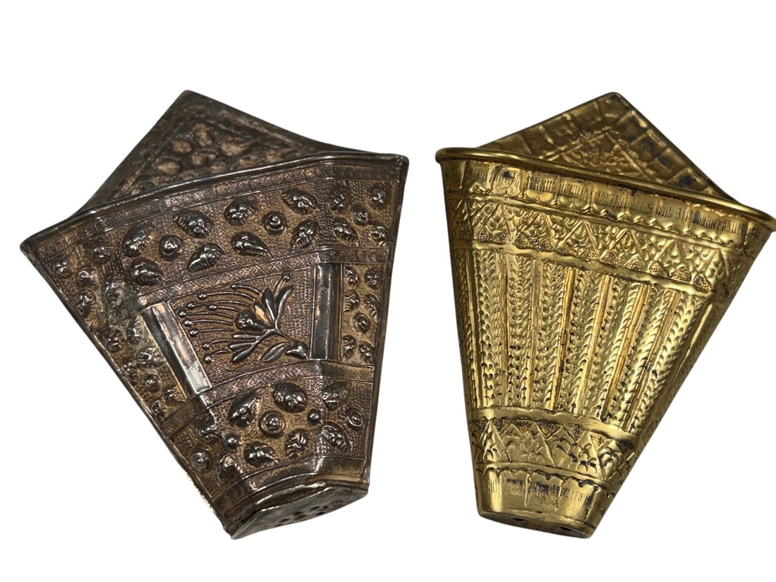 Chinese Repousse Engraved Silver Sheaths 2pc LOT: Two Chinese silver decorative sheath-form objects with finely worked repousse and engraved decoration. One features raised floral and foliate motifs on a textured ground, while the other has a gilt fi