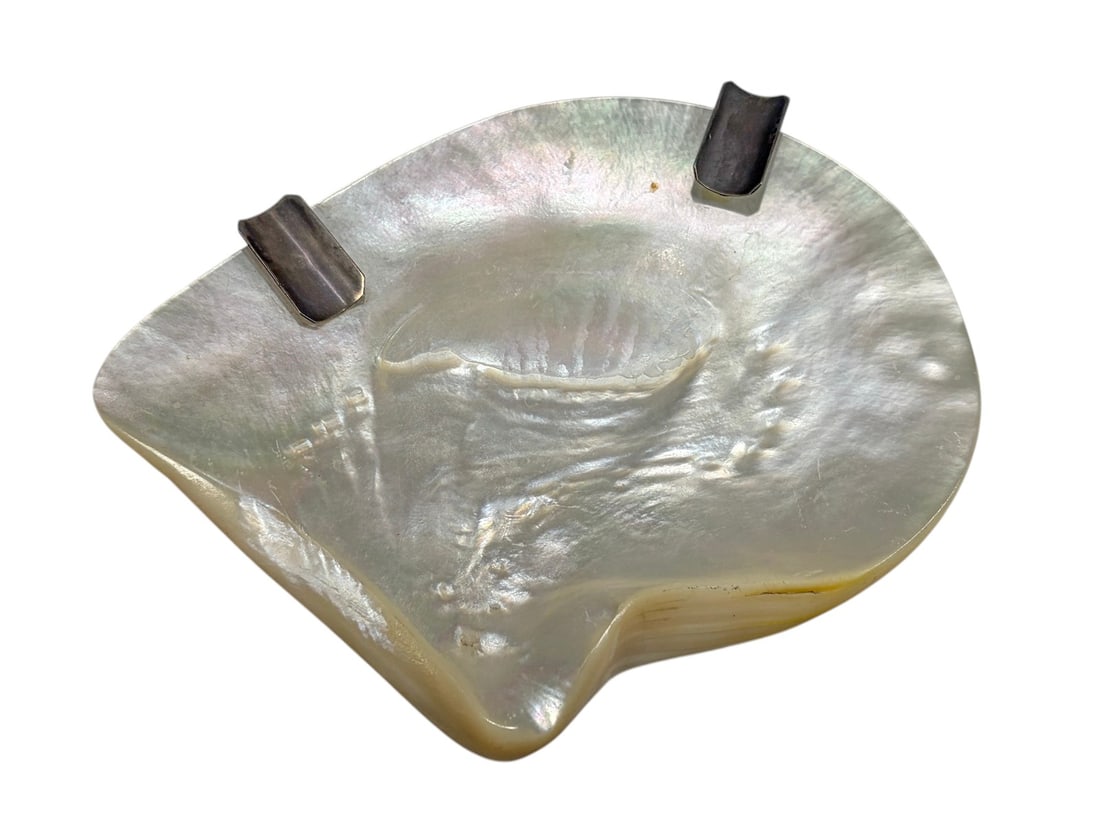 Natural Iridescent MOP Shell Silver Rim Ashtray (1 of 2)