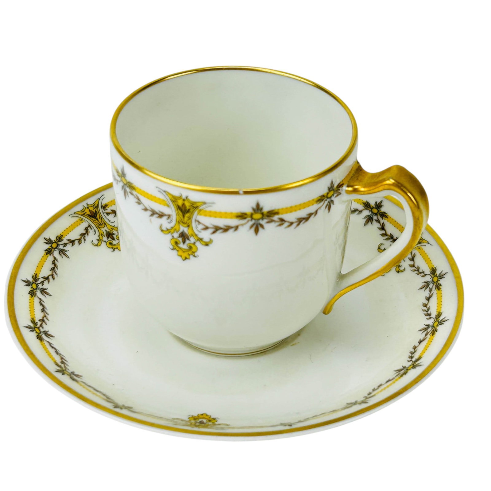 Haviland Limoges Porcelain Demitasse Cups Saucers: Haviland & Co. Limoges France porcelain table ware comprising seven demitasse tea cups and seven matching saucers. The white bodies feature gilt rims and handles with yellow and brown foliate garland 