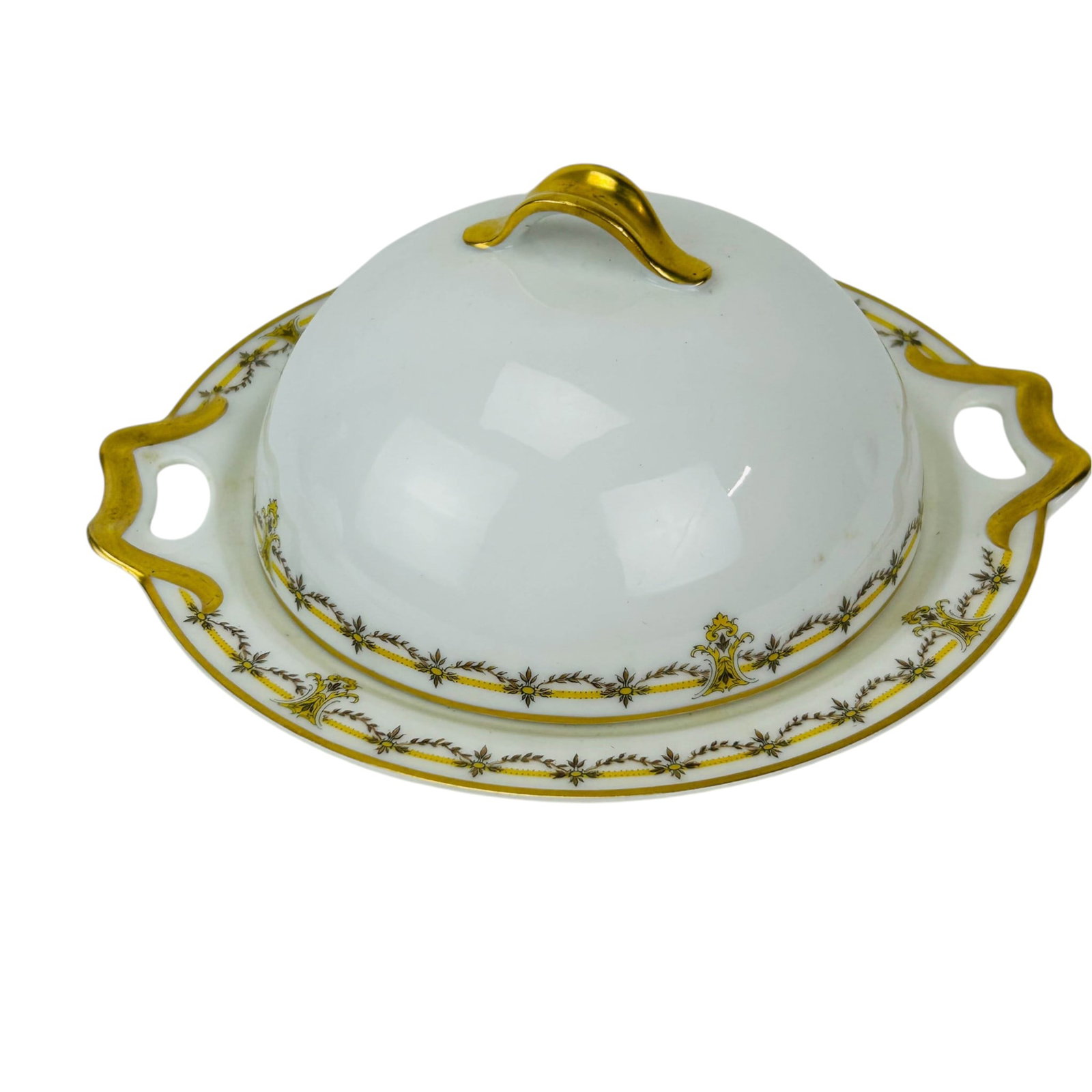 Haviland Limoges Porcelain Domed Butter w Strainer: Haviland & Co. Limoges France porcelain table ware covered butter dish with strainer. The white glazed body decorated with gilt and brown floral borders. Oval form with integrated open handles, remova