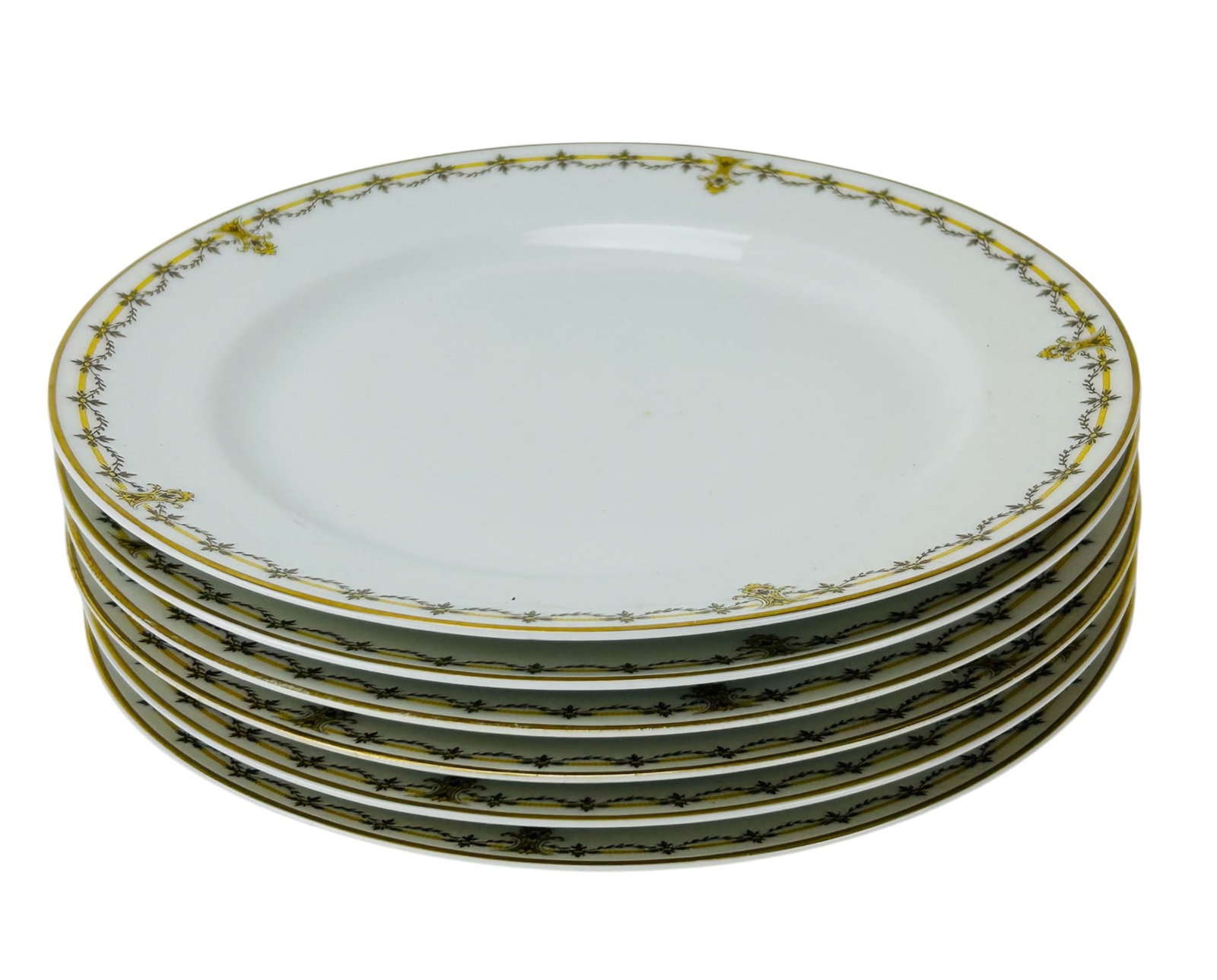 Haviland Limoges Porcelain Dinner Plates 6pc SET: Haviland & Co. Limoges France porcelain table ware dinner plates. The white bodies feature gilt rims with yellow and brown foliate garland borders and repeating scroll motifs. Undersides marked Havila