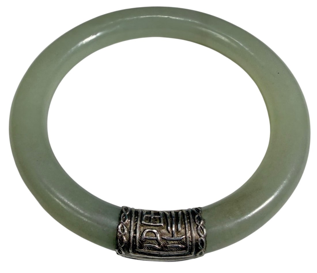 Chinese Pale Celadon Jade Bangle with Silver Mount (1 of 3)