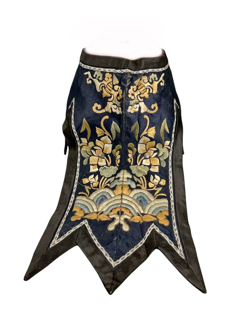 Chinese Embroidered Silk Ceremonial Headdress Qing: Traditional Chinese dark silk ceremonial headdress with pale blue lining and long embroidered panels decorated with floral, cloud, and wave motifs in cream, gold, blue, and green silk threads. Likely