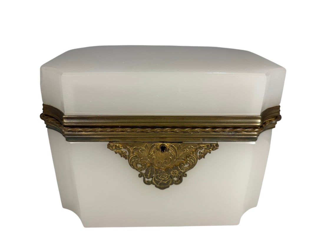 Antique Baccarat France Opaline Glass Casket 4.25": Antique French white opaline glass casket, likely dating from the late 19th to early 20th century. The beveled glass body is mounted with hand-chased gilt-bronze fittings, including the frame,