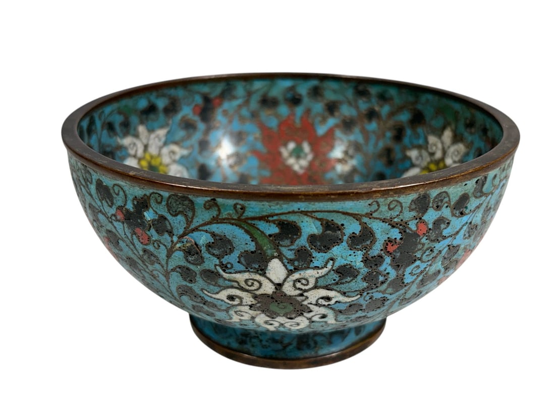 Chinese Cloisonne Enamel Floral Bowl Possibly Ming: Chinese cloisonne enamel bowl decorated inside and out with scrolling floral and foliate motifs on a turquoise-blue ground. The design features red, white, yellow, green, and dark-toned enamel
