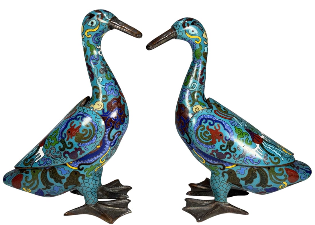 Chinese Cloisonne Enamel Bird Censers 2pc LOT: Pair of Chinese cloisonne enamel bird-form censers on copper, decorated with colorful scrolling motifs on turquoise grounds. Each features removable wing panels allowing incense to be placed inside. E