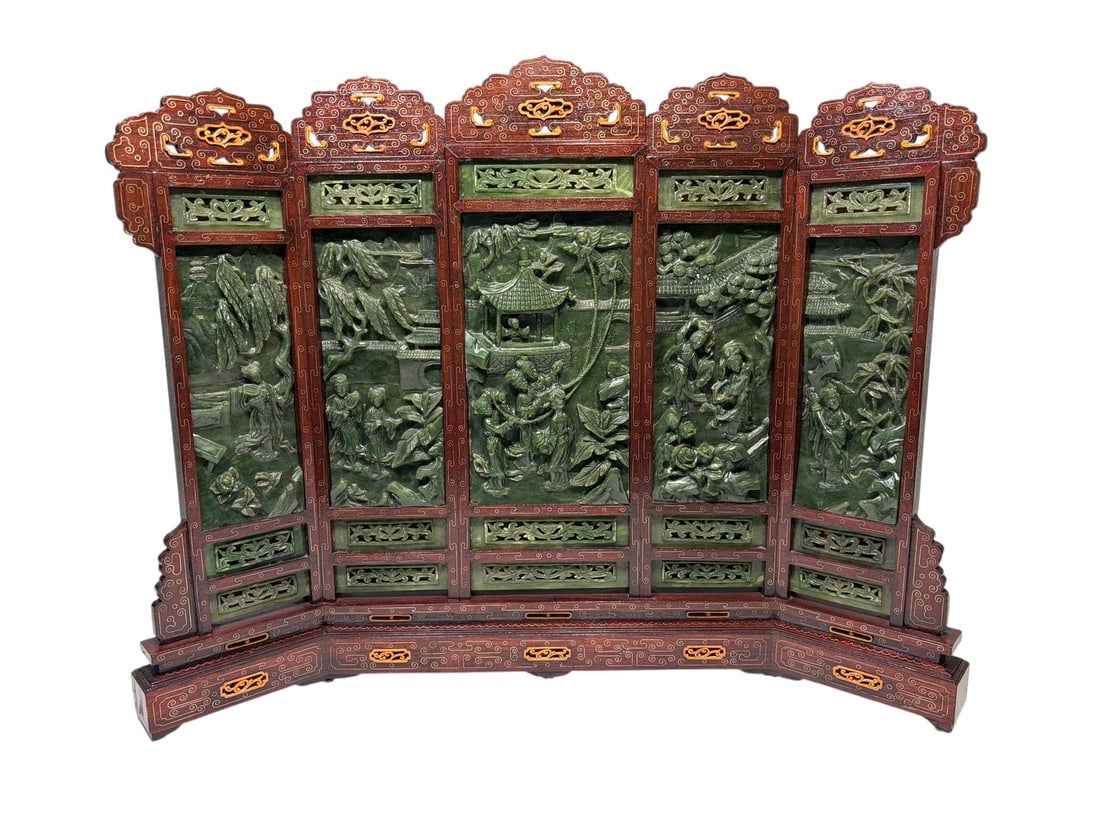 Chinese Fine Spinach Jade Five-Panel Table Screen (1 of 7)