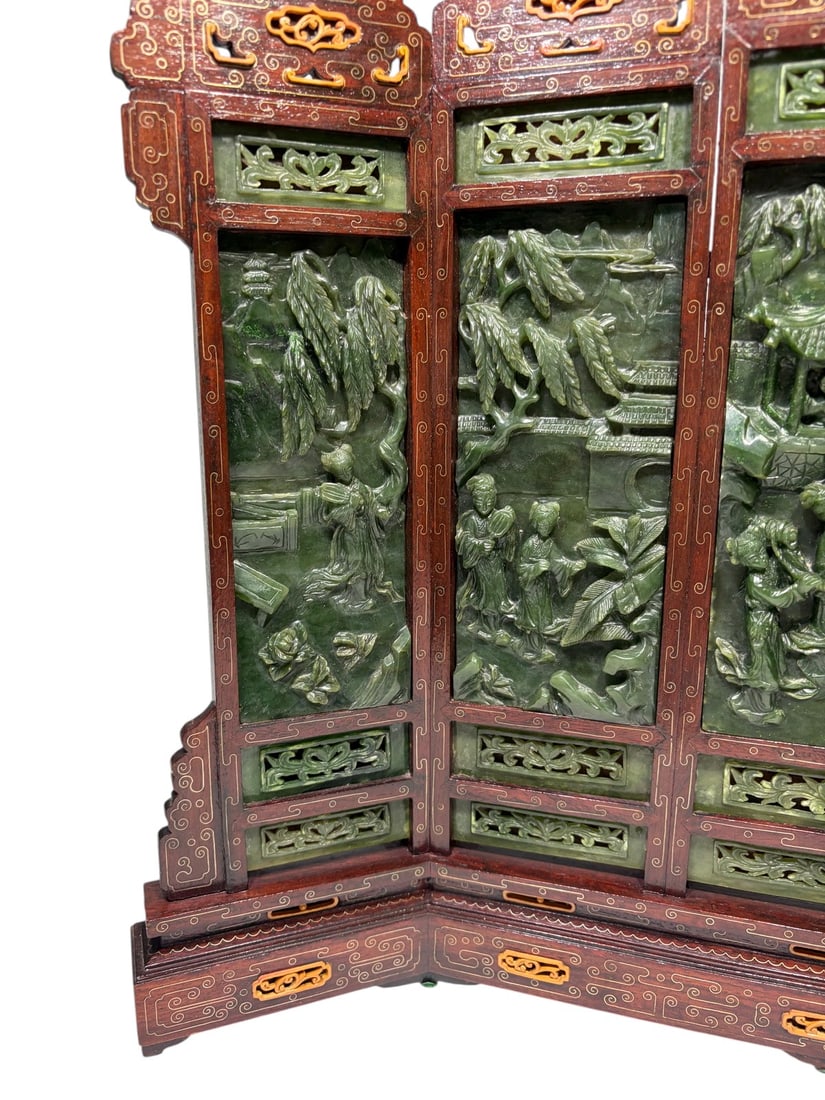 Chinese Fine Spinach Jade Five-Panel Table Screen - 5