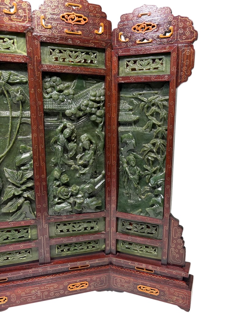 Chinese Fine Spinach Jade Five-Panel Table Screen - 6