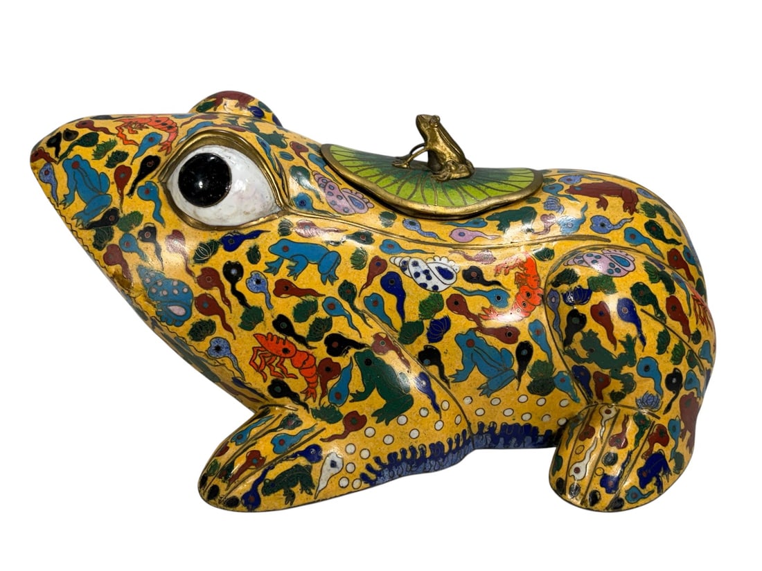 Chinese Copper Cloisonne Frog Incense Burner 6": Large Chinese copper cloisonne enamel incense burner modeled as a seated frog or toad, approximately 10 inches in length. The body is decorated over a yellow ground with colorful tadpoles, frogs,