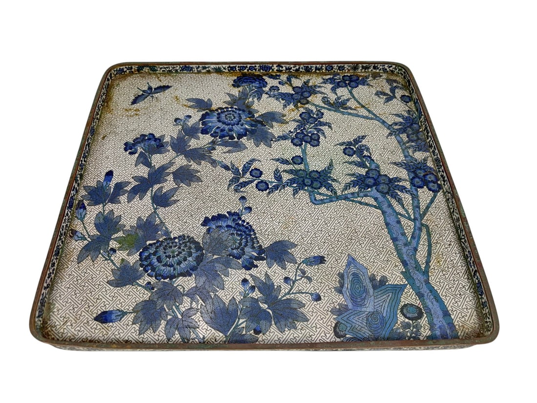 18th C. Chinese Canton Enamel Cooper Floral Tray: Chinese Canton painted-enamel-on-copper tray, likely Qing dynasty, 18th century, of rectangular form with rounded corners. The face is decorated predominantly in cobalt and pale blue with flowering