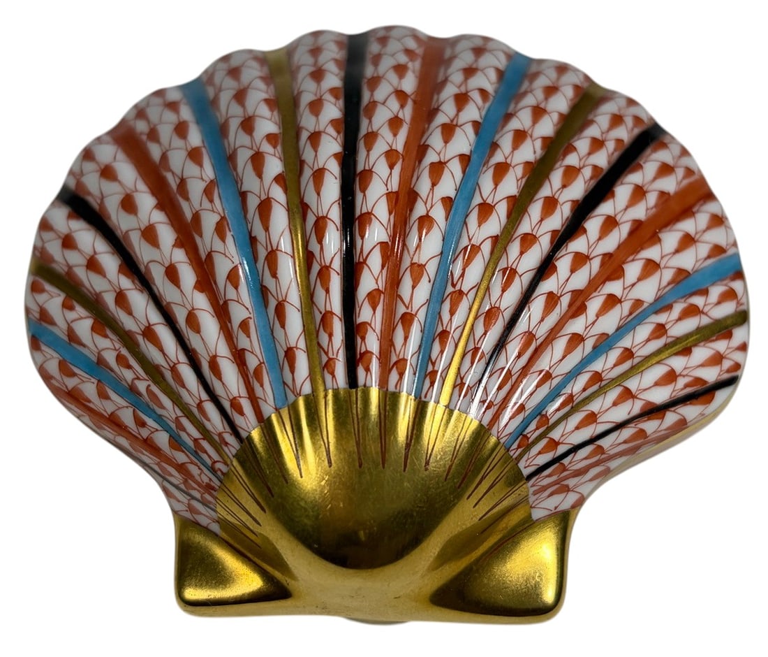 Herend Hungary Colorful Porcelain Hedgehog Fig: Hand-painted Herend porcelain hedgehog figurine featuring the characteristic red fishnet pattern with alternating turquoise, black, red, and gilt accents along the raised quills. The face and feet