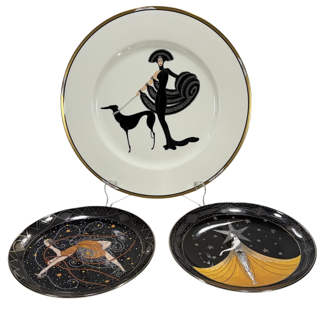 Erte Art Deco Figural Porcelain Art Plates 3pc LOT: Three decorative porcelain plates featuring Art Deco designs after Erte. The lot includes a Royal Doulton House of Erte New York, New York limited-edition fine bone china plate, plate No. HA1299; a