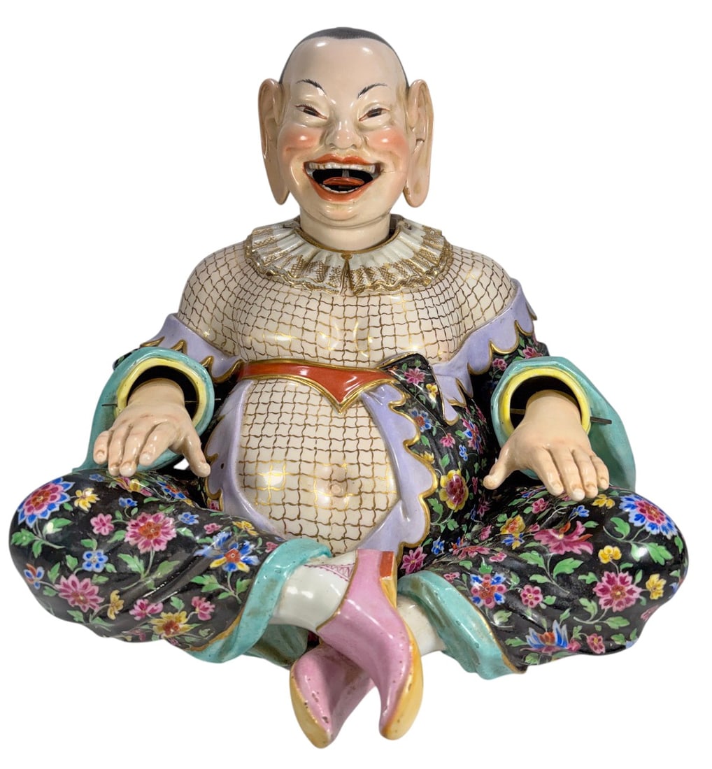 Late 19th-C Meissen Porcelain Nodding Pagoda Fig: Large late 19th-century Meissen porcelain nodding pagoda figure, modeled as a seated cross-legged man wearing richly decorated robes with dense polychrome floral patterns, turquoise cuffs, lavender bo