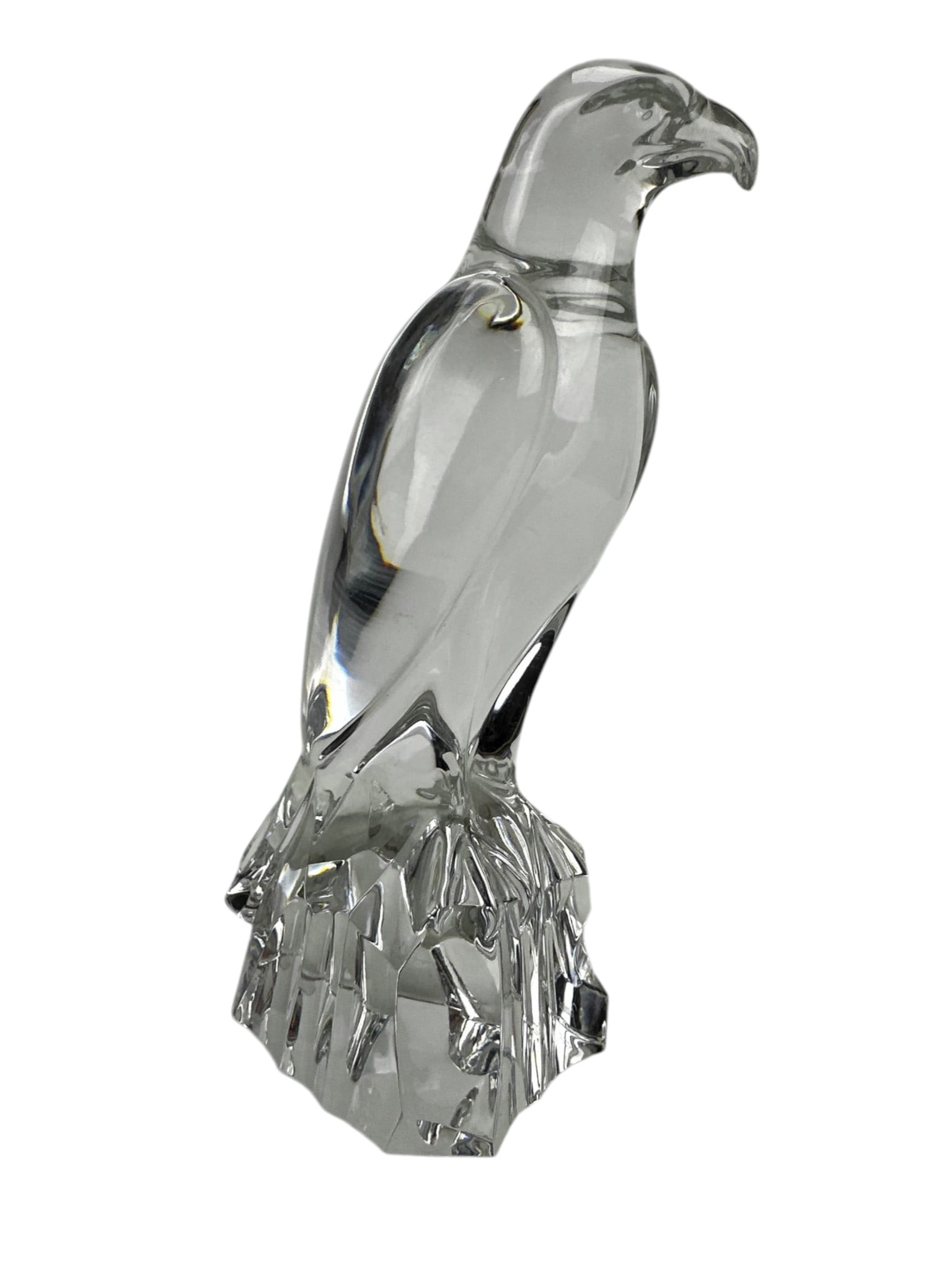 Baccarat Crystal Art Deco Eagle on Rock Sculpture: Baccarat France clear French crystal art glass eagle raptor bird of prey sculpture modeled seated on a faceted rock form base, with molded feather details, defined talons, and incised facial features.