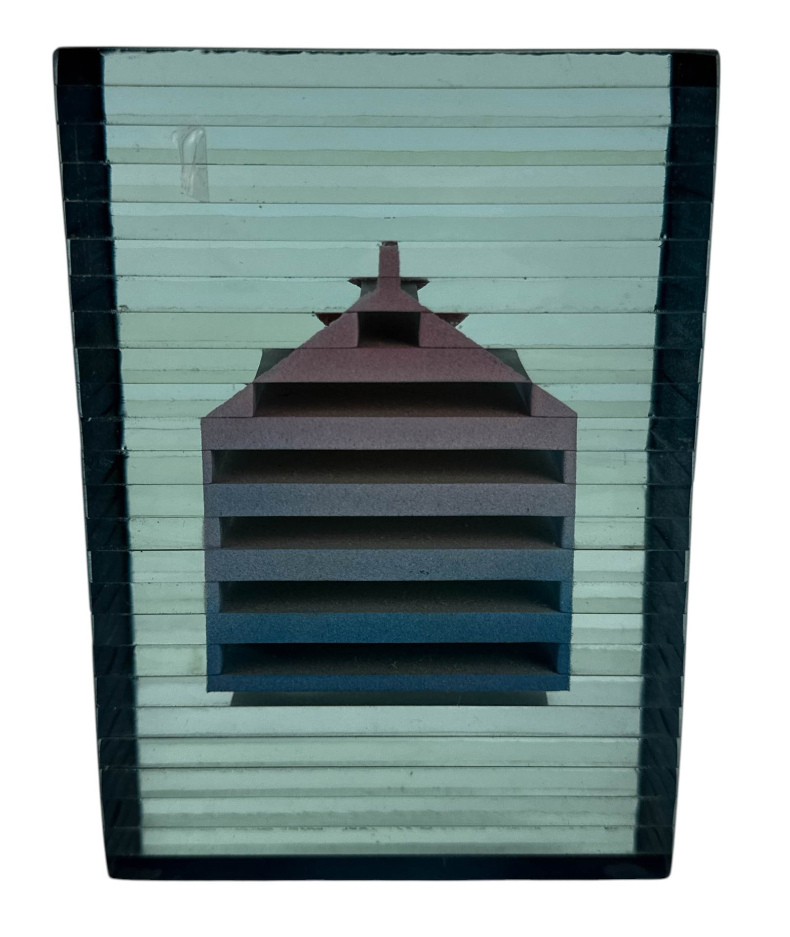Mary Kay Simoni b1955 Stack Glass House Sculpture: Mary Kay Simoni (American, born 1955) contemporary modernist art glass sculpture. constructed from stacked horizontal glass elements forming a rectangular block. The front incorporates a projecting ge