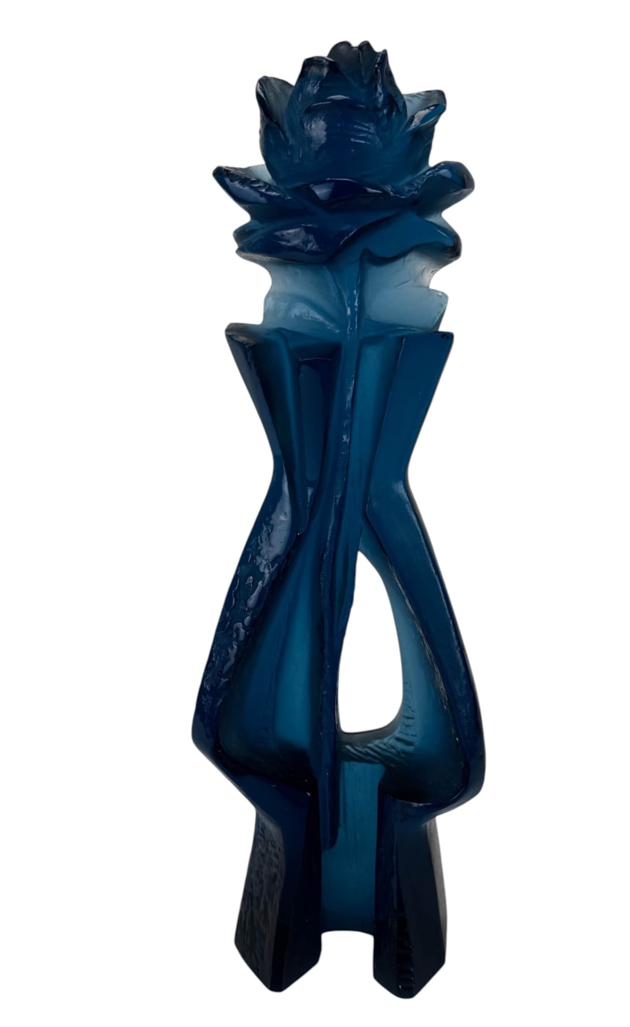 Czech Ceska Blue Art Glass Rose Sculpture SIGNED: Czechoslovakian blue art glass sculpture signed Prof. Jan Lamy, modeled as a rose blossom above an abstract openwork stem and geometric base. Executed in thick molded glass with polished and textured 