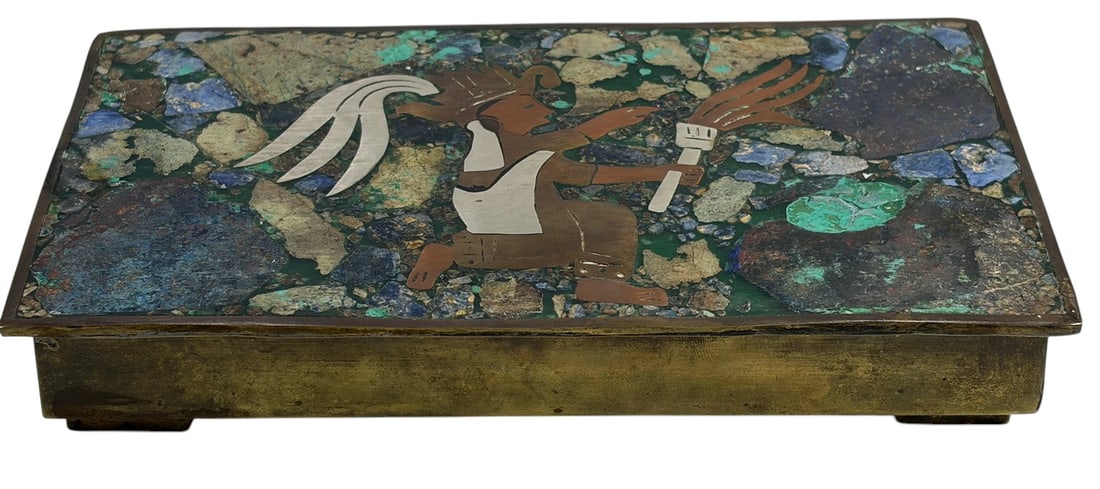 Mexican Brass Stone Inlay Aztec Figural Art Box (1 of 6)