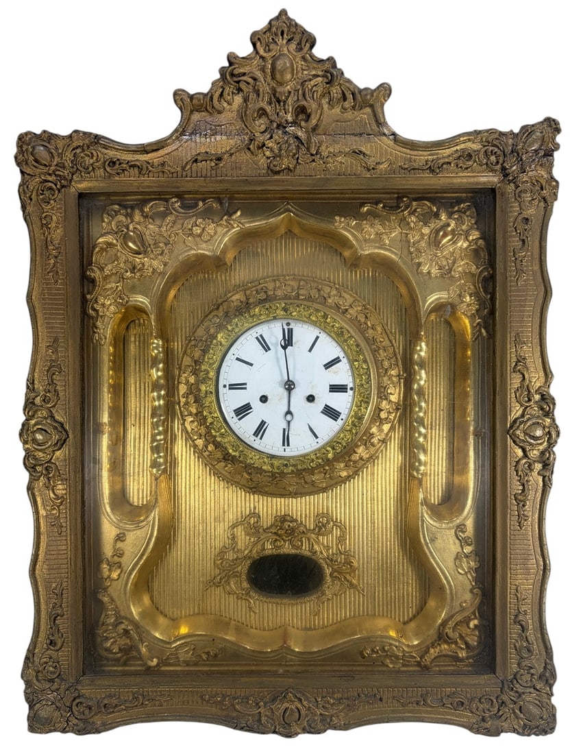 Antique Ornate Giltwood Wall Clock w/ Enamel Dial (1 of 9)