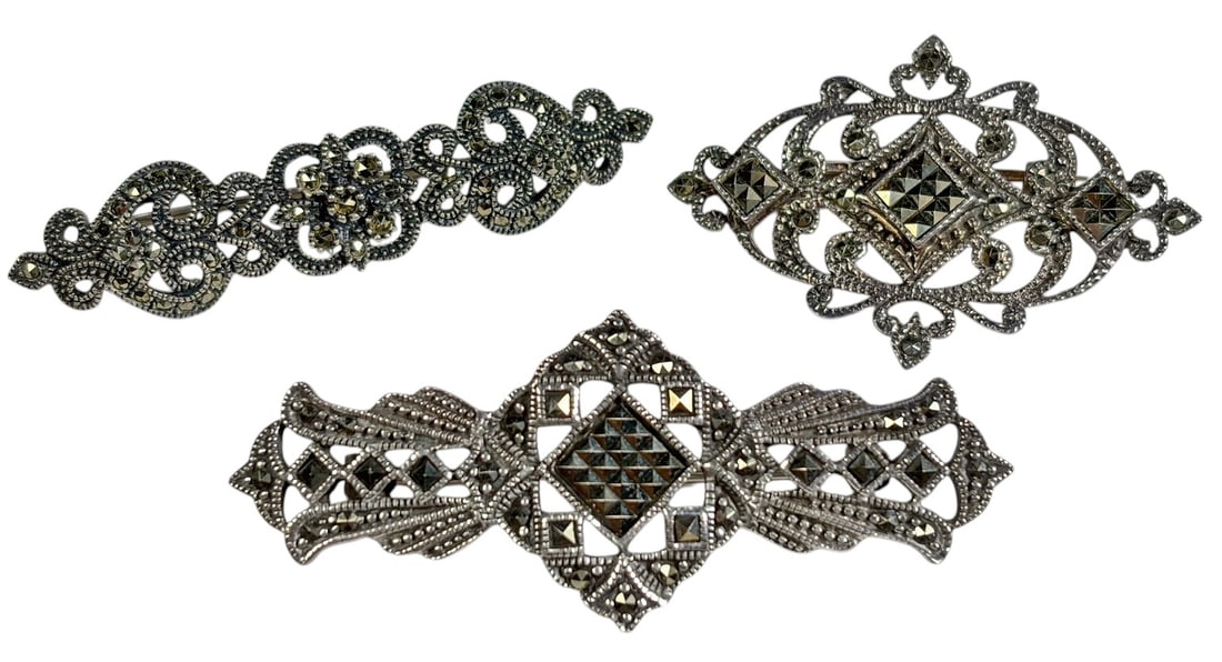 Sterling Silver Marcasite Brooches 20.9 g. 3pc LOT (1 of 6)