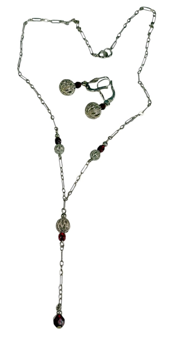 Sterling Silver Necklace & Earrings 5.28 g 3pc LOT: Sterling silver jewelry set consisting of 1 necklace and 2 matching earrings. The design features decorative openwork silver-tone beads accented with faceted deep red beads. The necklace has a drop-st