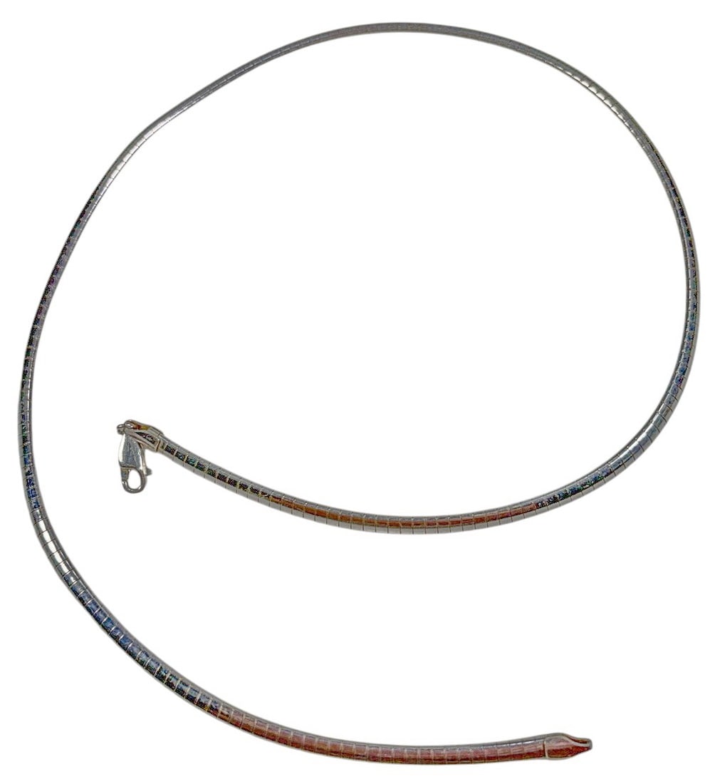 Sterling Silver 925 Omega Chain Necklace 19 grams: Sterling silver omega-style necklace featuring a smooth, flexible segmented construction with a polished finish and lobster-claw clasp. The end fitting is visibly marked 925, indicating sterling silve