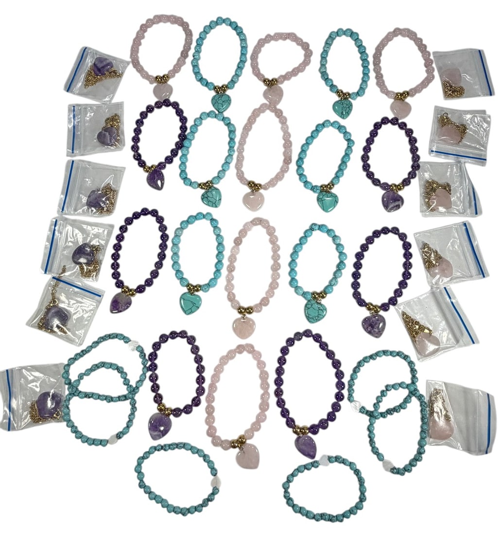 Assorted Gemstone Bracelets & Pendants 36pc LOT: Assorted collection of 36 jewelry pieces featuring beaded bracelets and heart-shaped pendants in pink, purple, and turquoise tones. Many bracelets feature heart-shaped stone charms with gold-tone acce