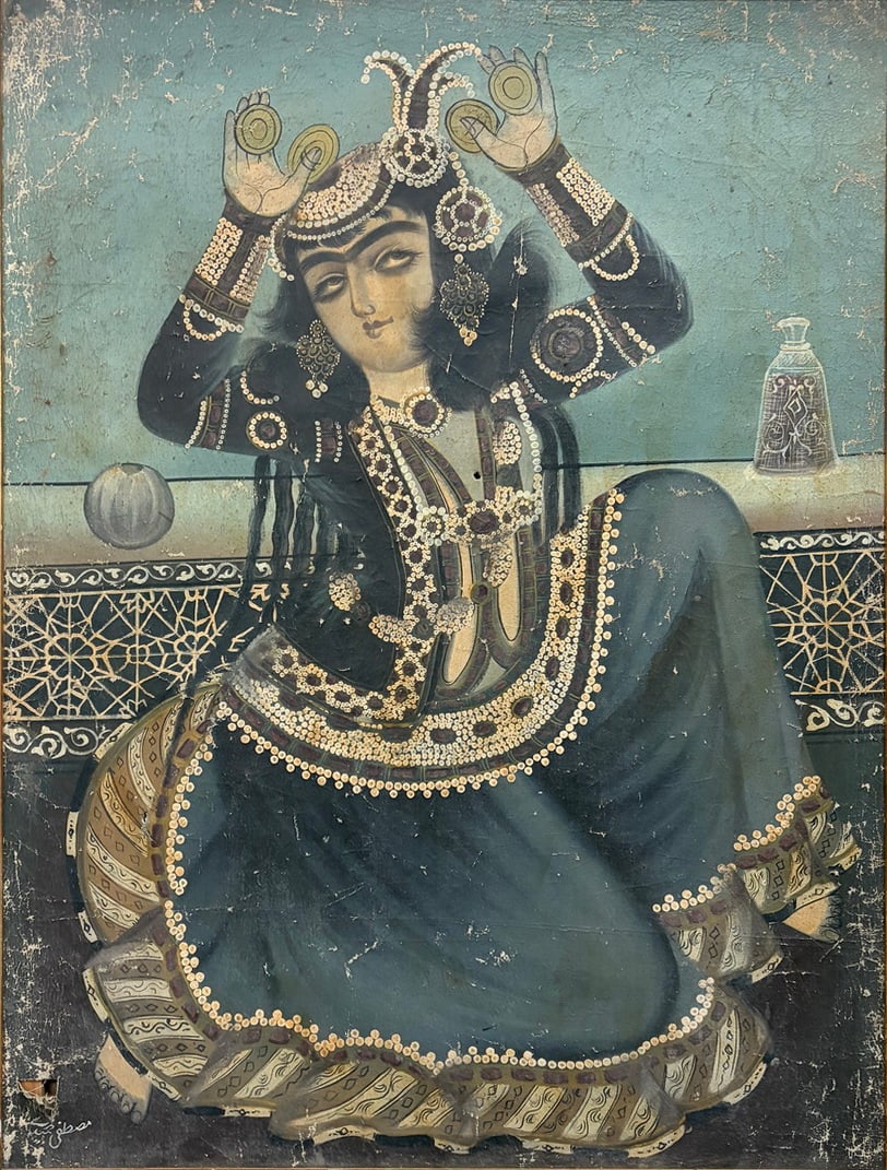 Qajar Persian Dancing Girl Painting, 19th C, 48": Persian Qajar-style painting, likely 19th century, depicting a kneeling female dancer or court entertainer holding finger cymbals. She wears elaborate pearl jewelry, a jeweled headdress, and richly de