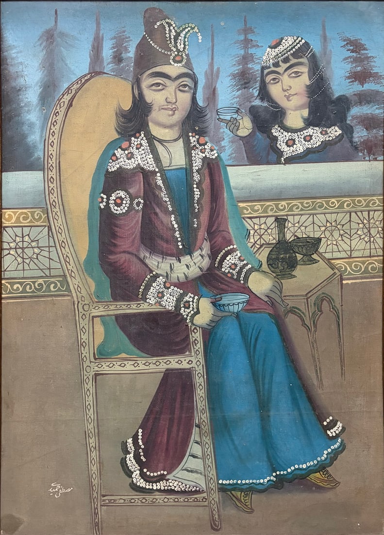 Persian Court Couple w/ Tea Oil Painting on Canvas: Oil on canvas depicting an elegantly dressed Persian court couple, with a seated man attended by a woman offering a cup. Richly jeweled garments, decorative vessels, and a stylized landscape complete 