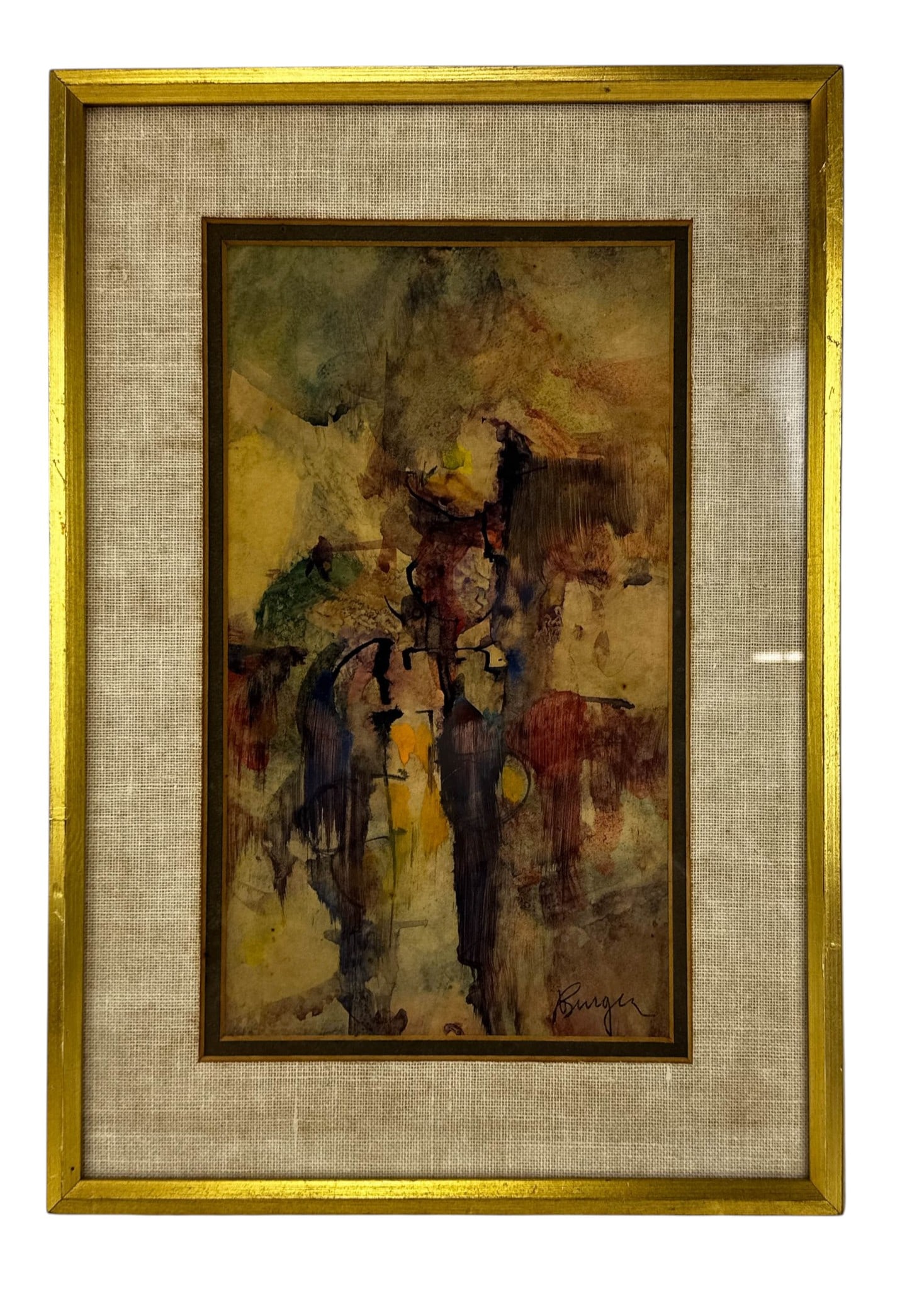 Abstract Composition Watercolor Painting SIGNED: Abstract composition watercolor painting on paper with layered washes, gestural brushwork, linear elements, and areas of blue, green, yellow, red, brown, and violet. Signed Burger lower right. Present