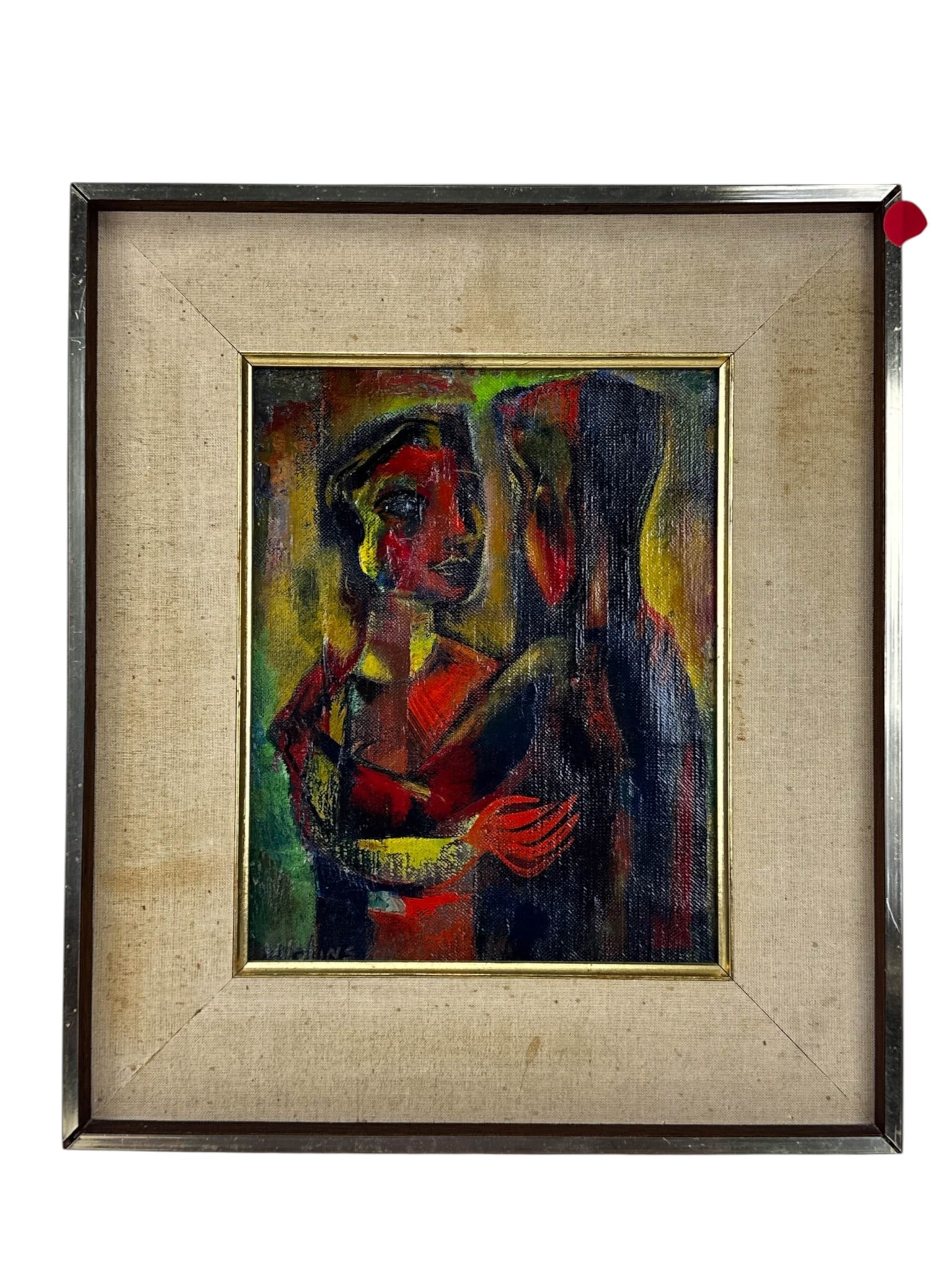 Joseph Wolins 1915-1999 Mid Century Oil Painting: Joseph Wolins (American, 1915-1999) oil painting on canvas depicting two stylized figures in close interaction, rendered with angular forms and areas of red, orange, blue, green, yellow, and black. Si