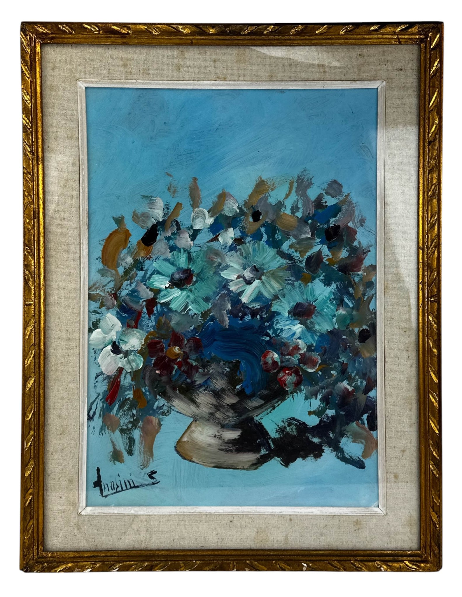 Expressionist Still Life Oil Painting SIGNED: Impasto style floral still life oil painting on board depicting a large arrangement of flowers in a footed vessel against a blue ground. Executed with broad, layered brushwork in blue, turquoise, whit