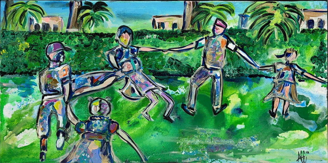 Signed Contemporary Figural Scene, 2017 Painting: Framed mixed media on canvas depicting a colorful outdoor figural scene with six stylized figures holding hands in a tropical landscape with palm trees and houses in the background. Signed with monogr