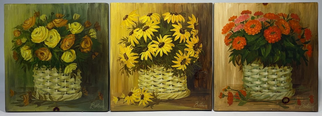 Bertran Floral Basket Still Life Paintings 3pc LOT: Three painted floral still lifes on wood panels, each depicting a basket filled with flowers, including yellow daisies, yellow and orange roses, and red-orange blossoms. Each signed Bertran at the low