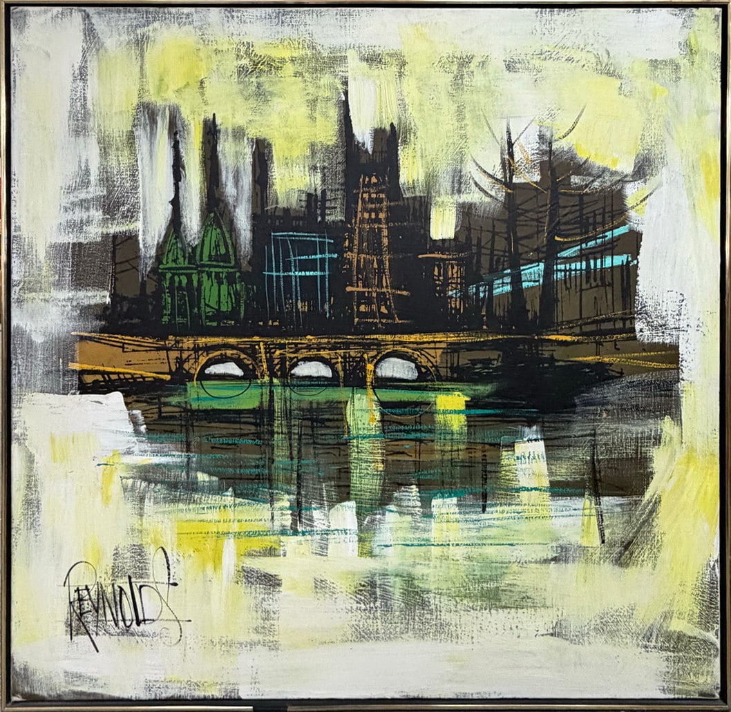 Lee Reynolds Vanguard Studios Cityscape Painting: Mid-century modern cityscape painting on canvas bearing the Lee Reynolds signature, a trade name associated with Vanguard Studios. The composition depicts an abstracted urban skyline and bridge reflec