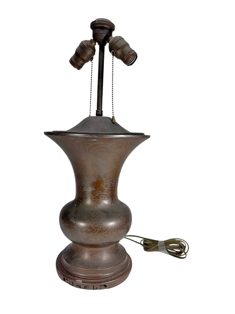 Chinese Bronze Dragon & Phoenix Table Lamp 21.5" (1 of 7)