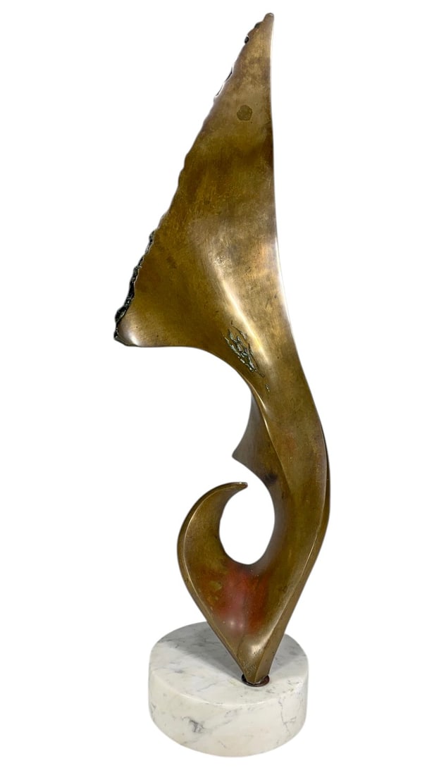Andrew Posa (1938) Canadian Bronze Sculpture: Andrew Posa (1938), Canadian large modernist abstract bronze sculpture mounted on a circular white marble base. The composition features a dynamic, elongated curvilinear form with sweeping pointed ele