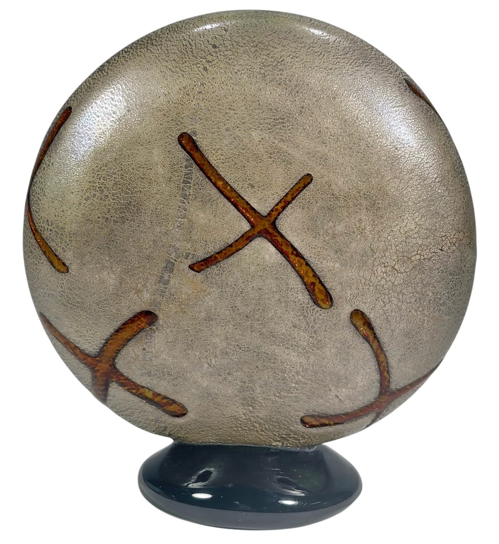Luigi Mellara Art Glass Sculpture on Black Base 5": Decorative studio art glass sculpture attributed by handwritten label to Luigi Mellara, featuring a rounded asymmetrical form with a finely textured frosted surface and applied amber-colored linear ac