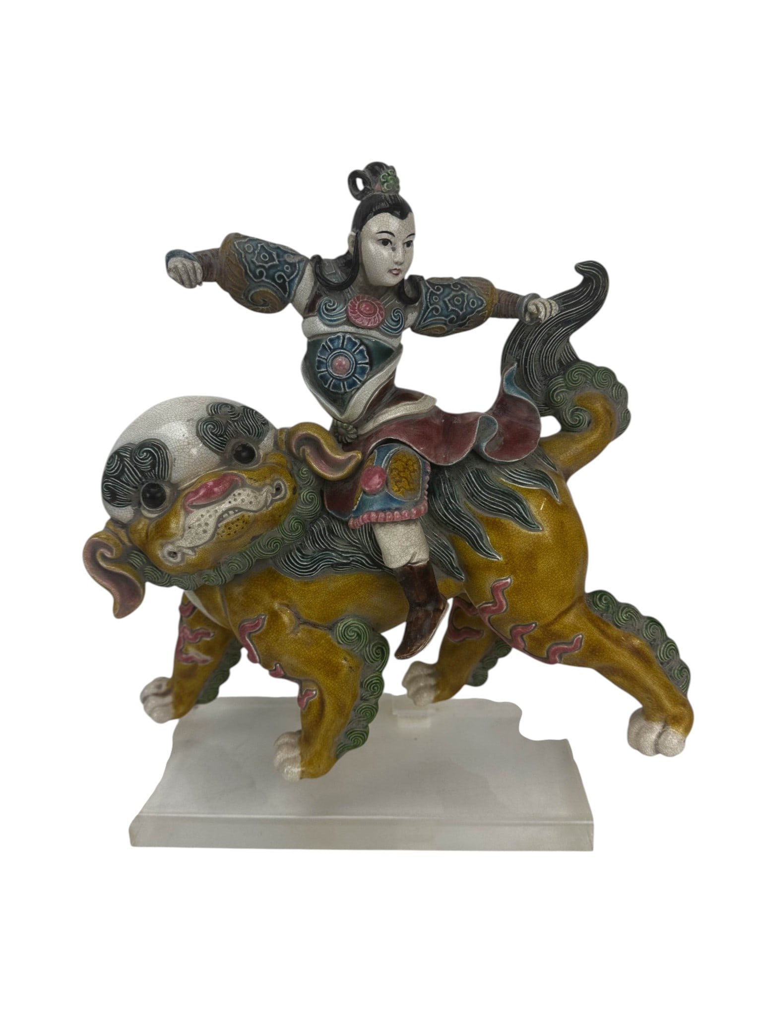 Chinese Sancai Glaze Warrior on Foo Dog Roof Tile: Large Chinese ceramic figural sculpture depicting an armored warrior or guardian astride a foo lion, modeled in a running pose. The rider wears elaborate armor with raised medallions and patterned sle