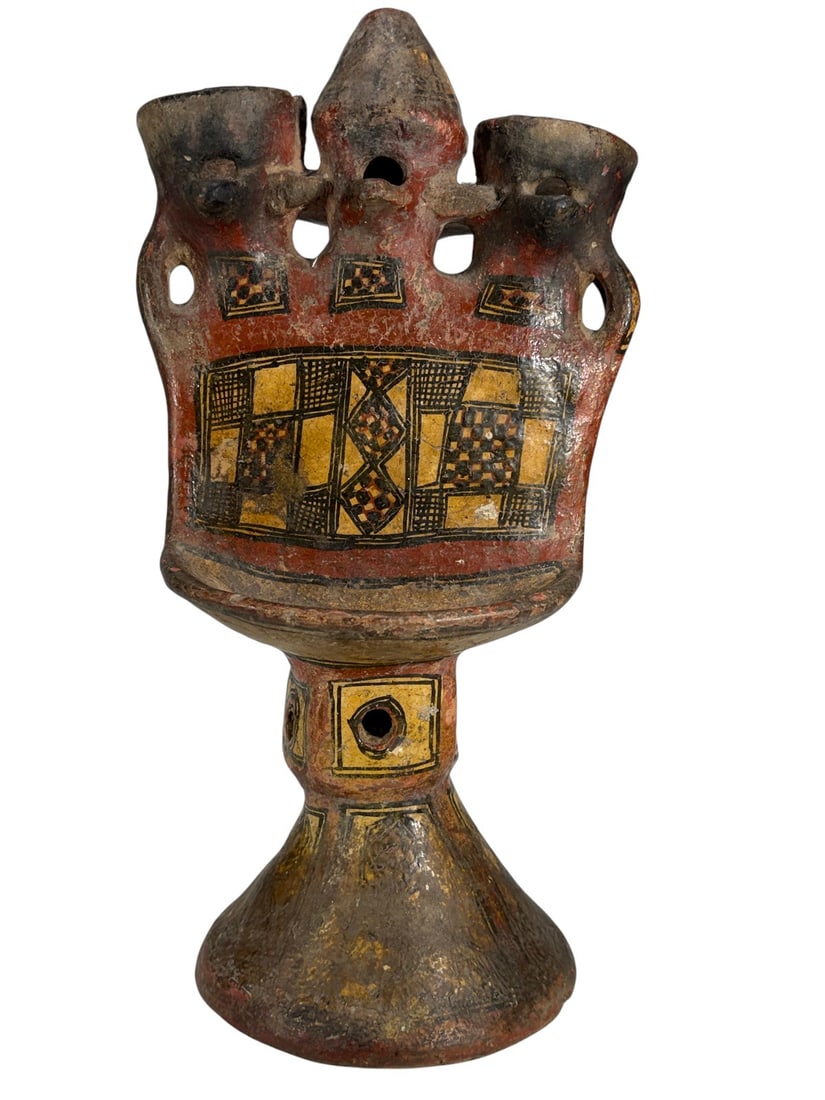 19th C. Algerian Kabyle Glazed Pottery Candlestick: Late 19th-century Kabyle glazed terracotta candlestick from Algeria, with a sculptural anthropomorphic form on a flared base. The upper section has three candle openings and is decorated with